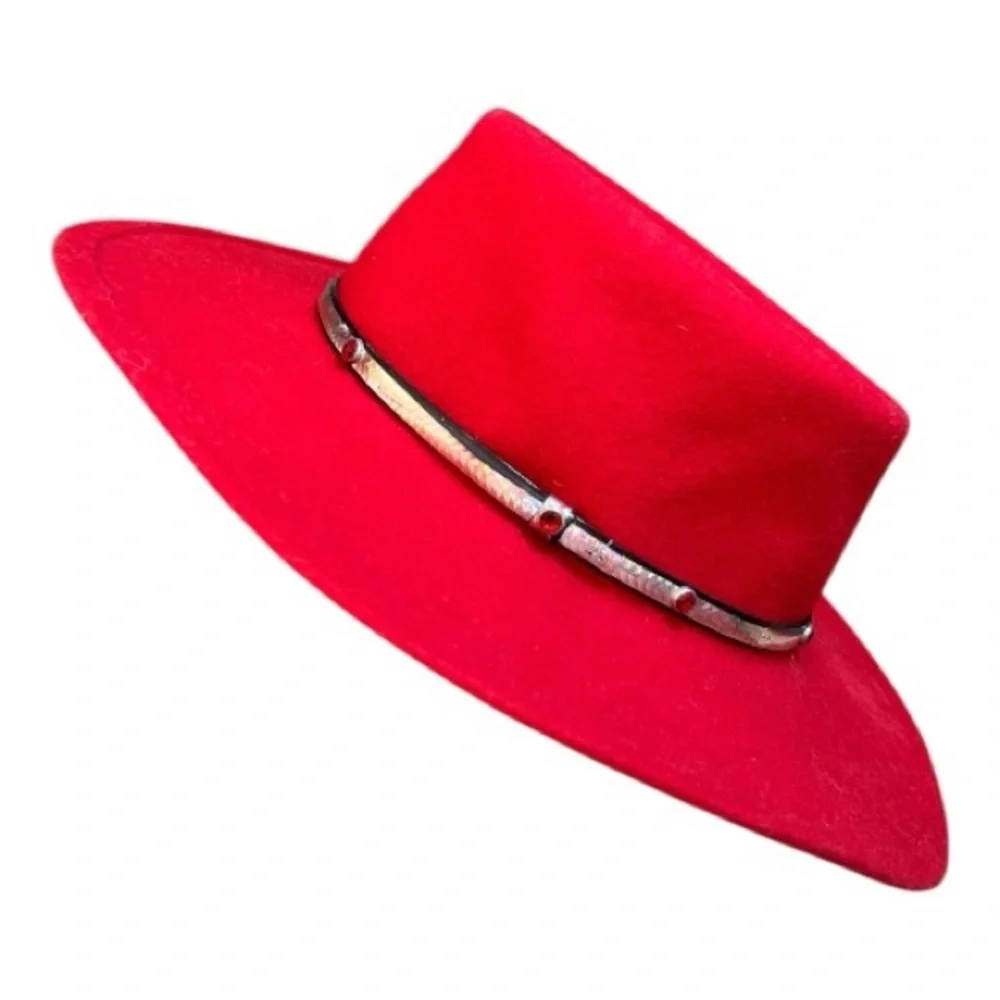 Vintage Lancaster Collection Red Wool Cowgirl Hat Size M Silver Band Red Gems